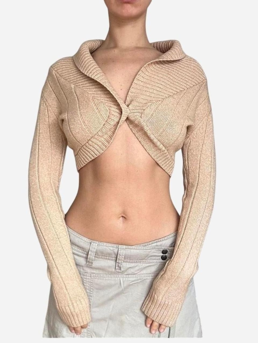 Cropped Rib-Knit Shrug Sweater in Beige